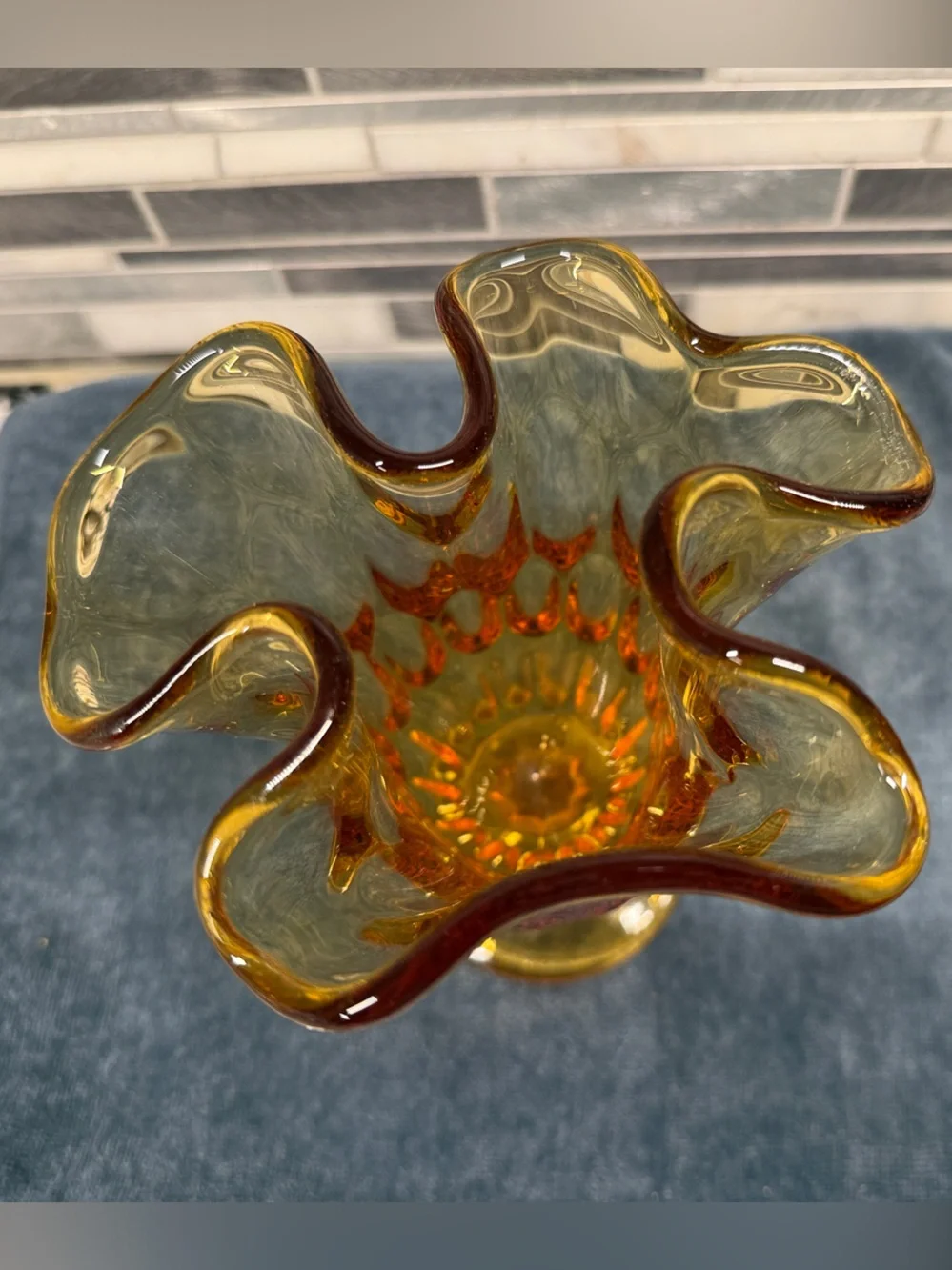 Fenton Ruffled Amber Pedestal Art Glass Vase